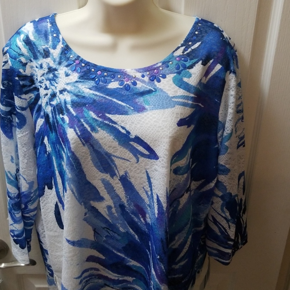 Pretty blue, white & purple top with Embellishment